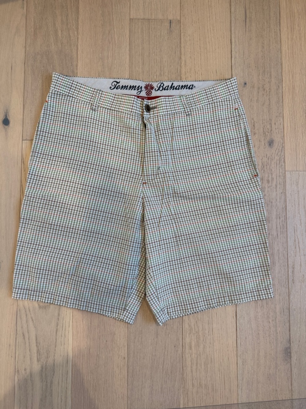 Tommy Bahama Men’s Green and Beige Check Swim Board Shorts